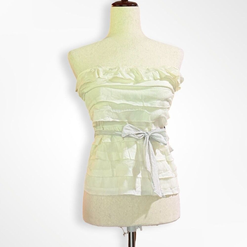 Hollister VTG Y2K White Ruffle Tube Top w Ribbon Sash, S Coquette Summer